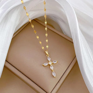 Stainless Steel Cross Crystal Pendant Necklace