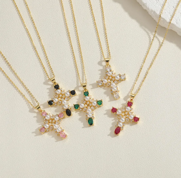 Crystal with Pearls Cross Necklace
