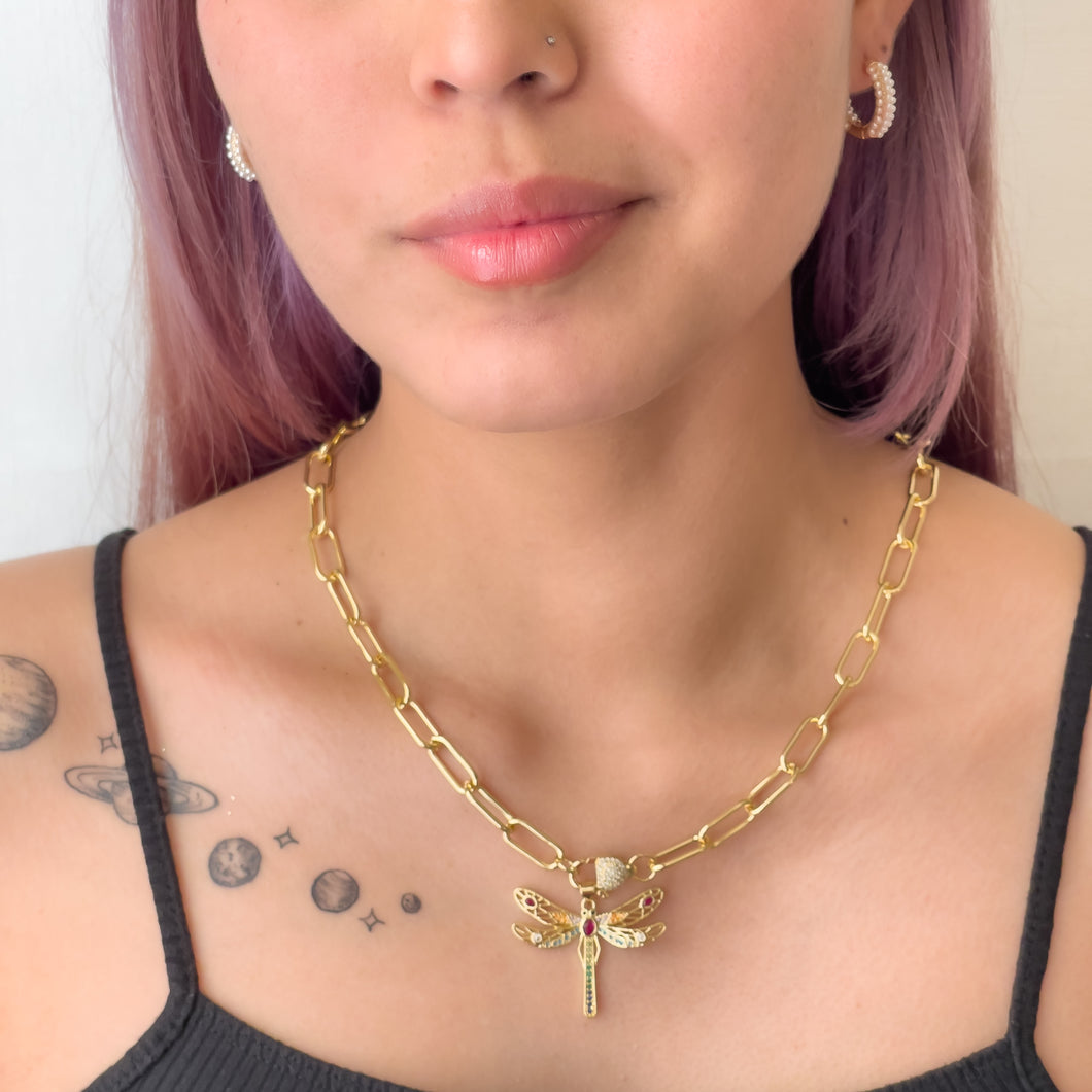 Paperclip Chain Dragonfly Pendant Necklace