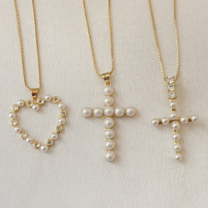 Cross and Heart Pearls Necklace