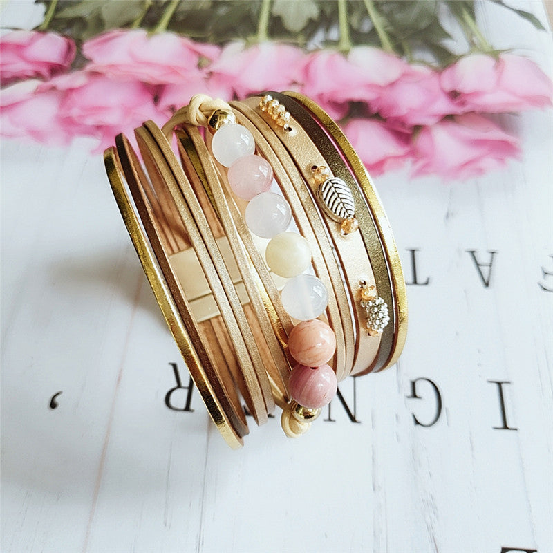 Leather Multilayer with Gemstones Bracelet