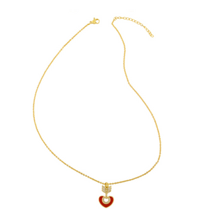 18K Arrow Necklace with Red Heart